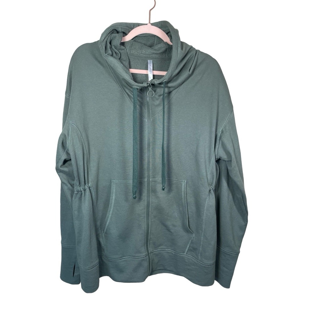 Fabletics Hoodie Womens Size Med Green Full Zip Up Long Sweatshirt Jacket Cowl